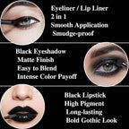 Black Eyeshadow Palette Liquid Lipstick Eyeliner Set With Mini Brush, Smokey Eye Shadow Black Lip Gloss Lip Liner Set, Smudge Proof Long-Lasting, Suitable For Halloween Cosplay Goth Witch Makeup
