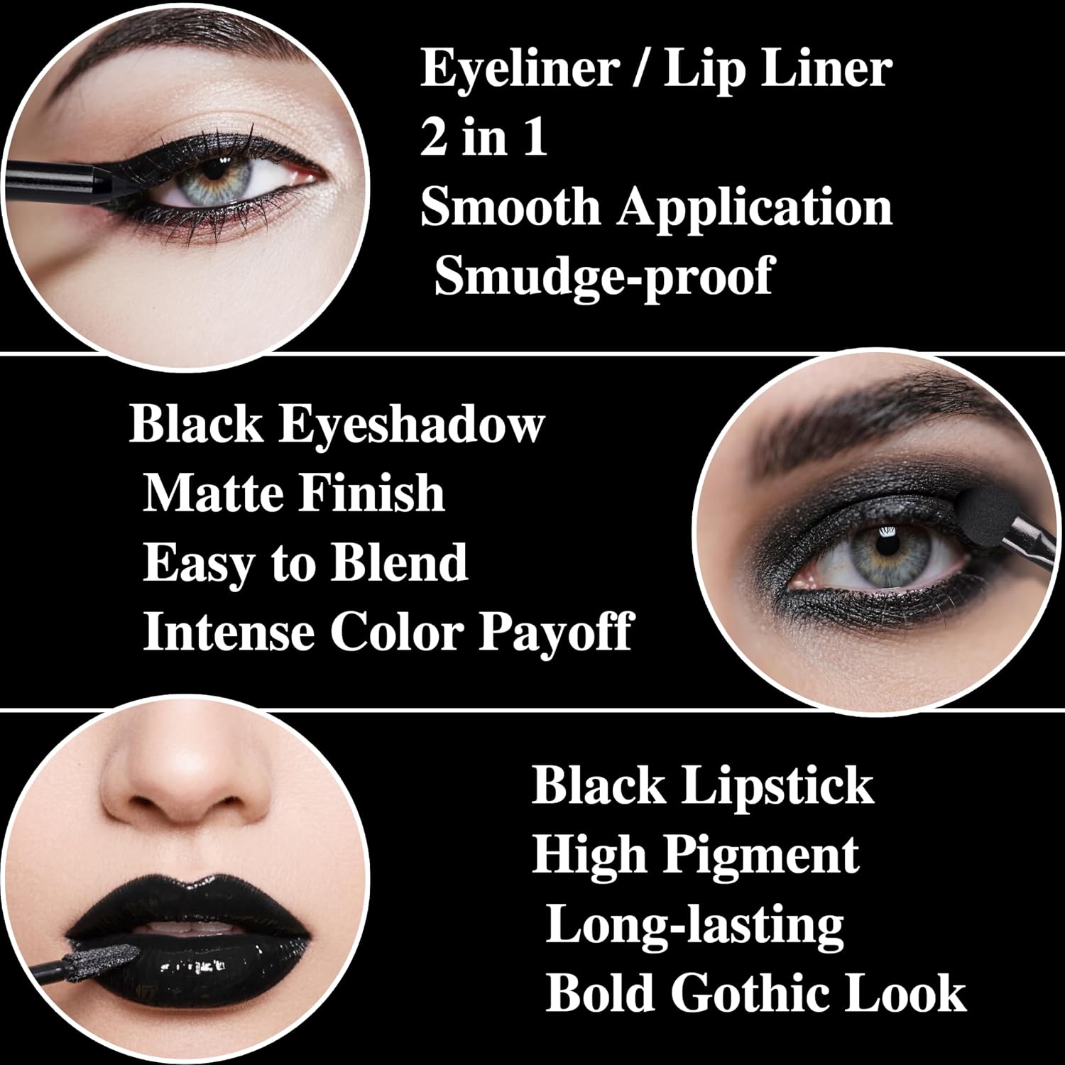 Black Eyeshadow Palette Liquid Lipstick Eyeliner Set With Mini Brush, Smokey Eye Shadow Black Lip Gloss Lip Liner Set, Smudge Proof Long-Lasting, Suitable For Halloween Cosplay Goth Witch Makeup