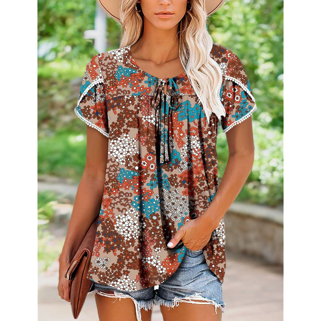 BETTE BOUTIK Womens Summer Tops Corded Short Sleeve Tunic Shirts Pleated Crewneck Corded Tops Blouses S-3XL