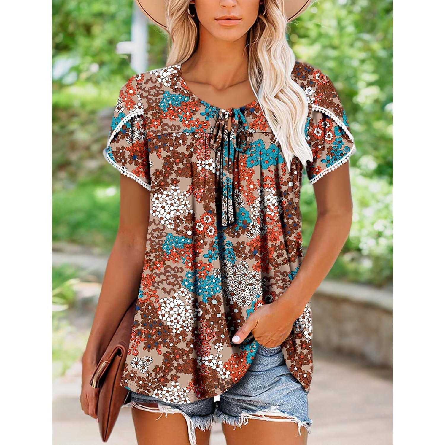 BETTE BOUTIK Womens Summer Tops Corded Short Sleeve Tunic Shirts Pleated Crewneck Corded Tops Blouses S-3XL