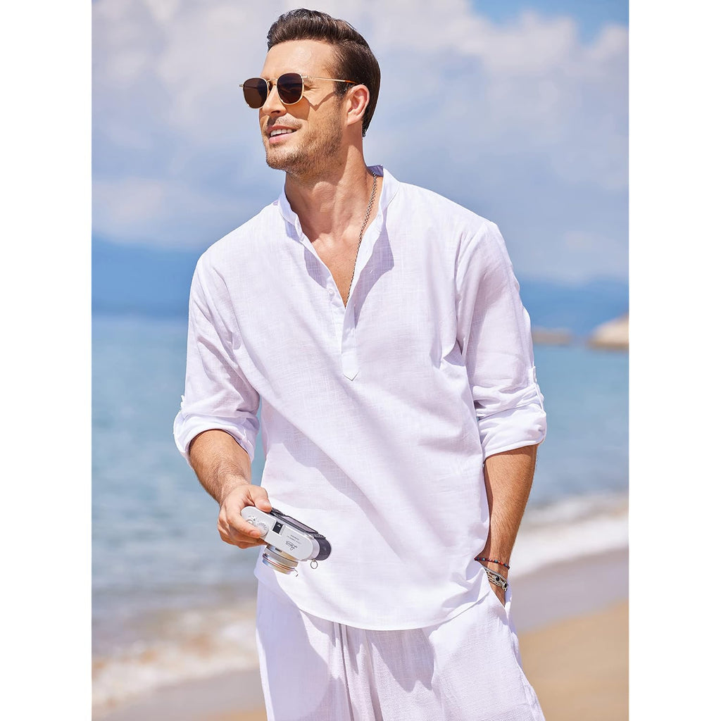 Coofandy Men'S Cotton Linen Henley T-Shirt Long Sleeve Hippie Casual Beach T-Shirts