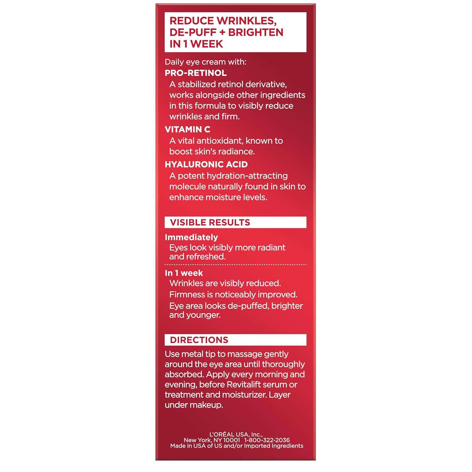 L'Oreal Paris Revitalift Triple Power Anti-Aging Eye Cream, Pro Retinol, Hyaluronic Acid & Vitamin C, Reduce Wrinkles & Puffiness 0.5 Fl. Oz.