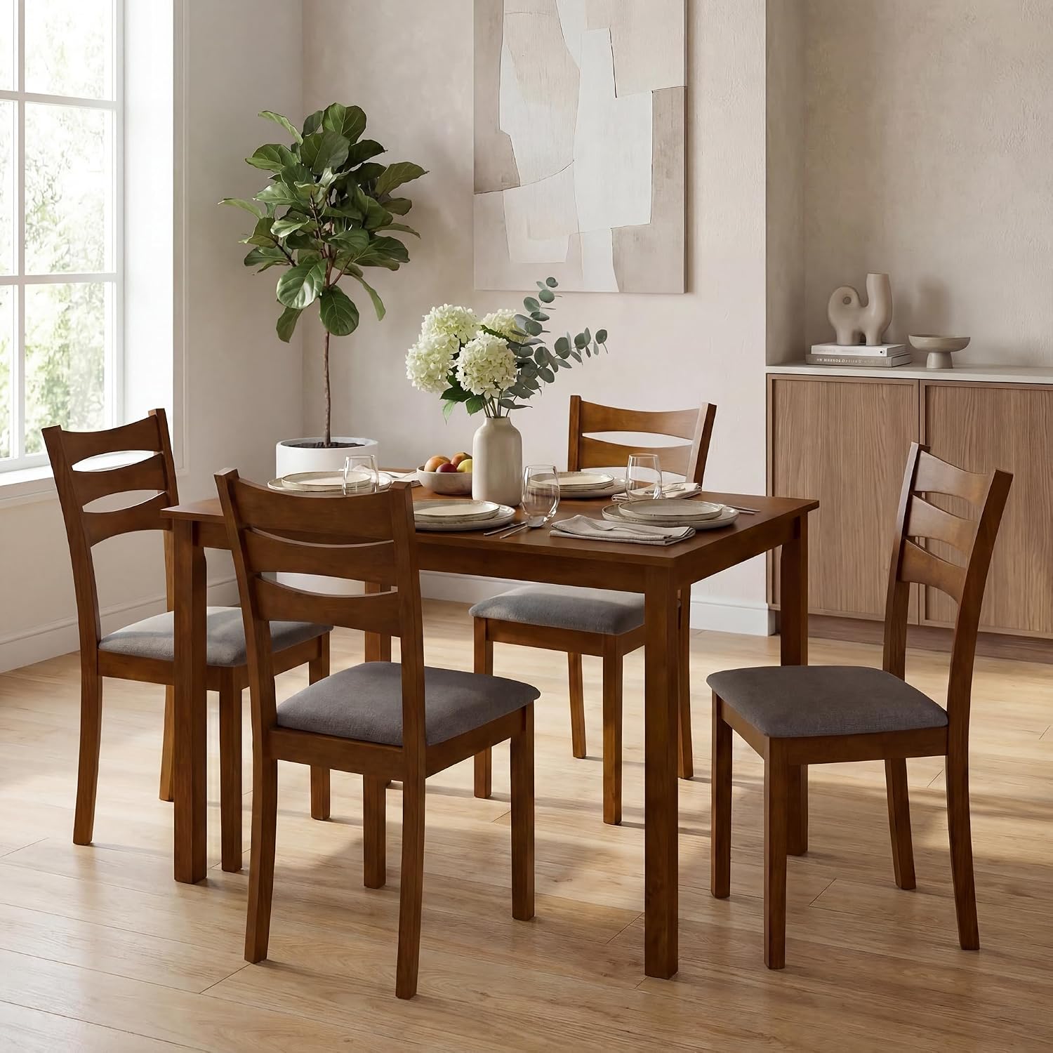 Costway 5-Piece Dining Table Set For 4, Kitchen Table W/Upholstered Chairs | Rectangular Table, Rubber Wood Frame, Farmhouse, Space-Saving Design For Small Apartment & Breakfast Nook
