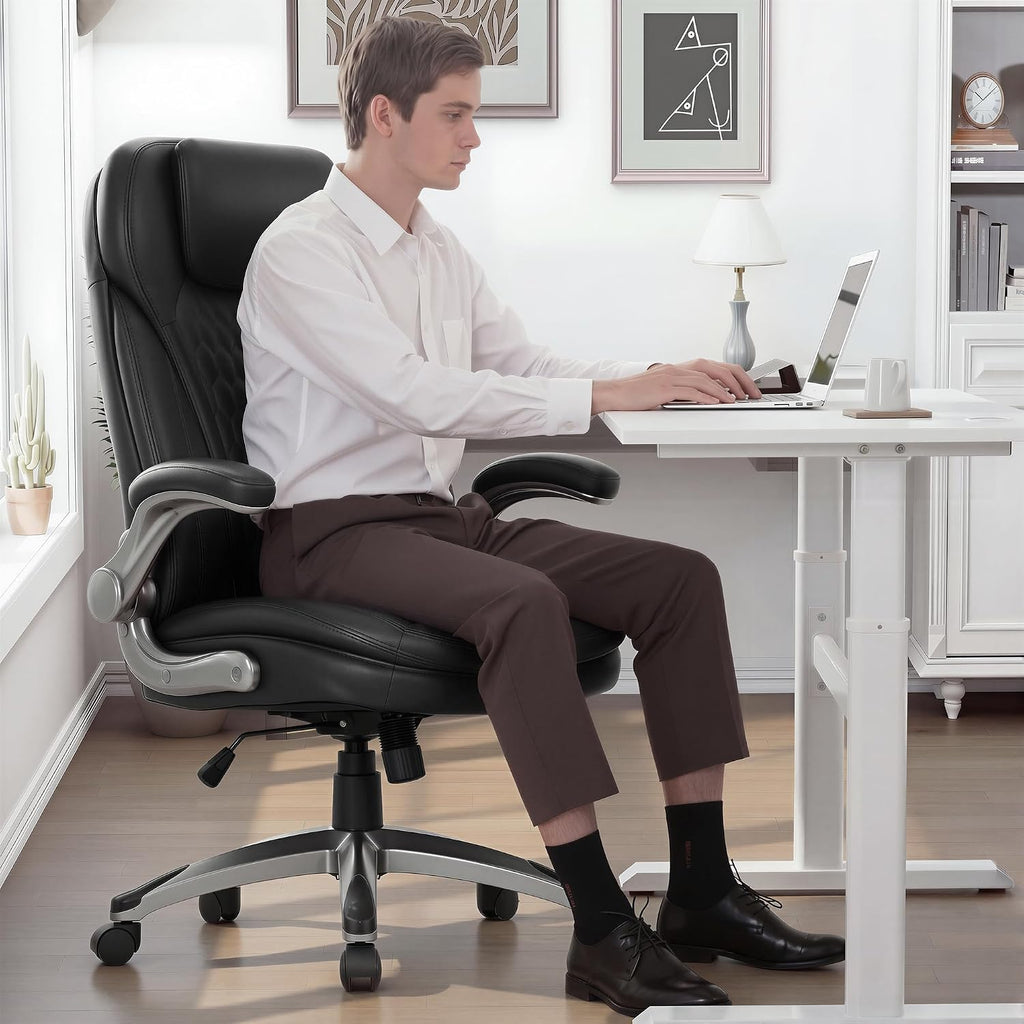 Colamy Executive Office Chair-Ergonomic Computer Desk Chair, High Back Leather Chair With Padded Flip-Up Arms, Swivel Home Office Chair, Black