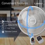 Lasko Oscillating Adjustable Pedestal Stand Fan With Timer And Remote For Indoor, Bedroom, Living Room, Home Office & College Dorm Use, 16 Inch, White, 1646