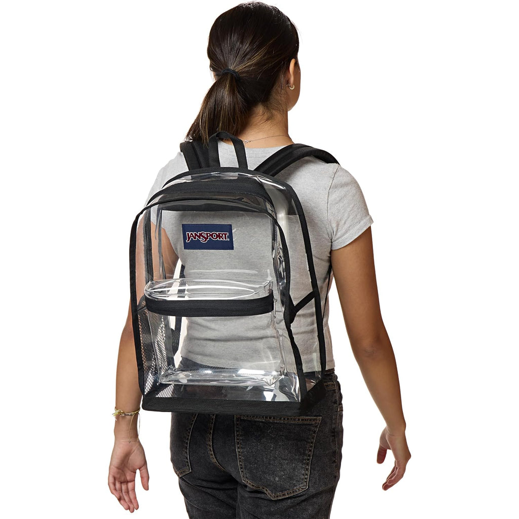 Jansport Clear Pack – 25.5L Transparent Backpack, Large Main Compartment, Side Water Bottle Pocket, Front Zippered Pocket, Mesh Bottom Panel, Clear