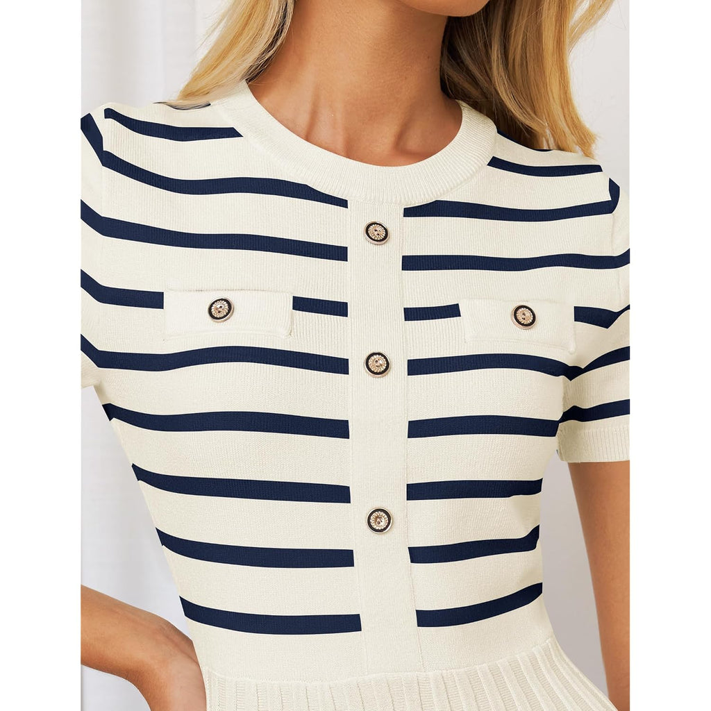 Zesica Women'S 2026 Casual Striped Midi Dress Crewneck Short Sleeve Button Ribbed Knit Swing Pleated A Line Dresses