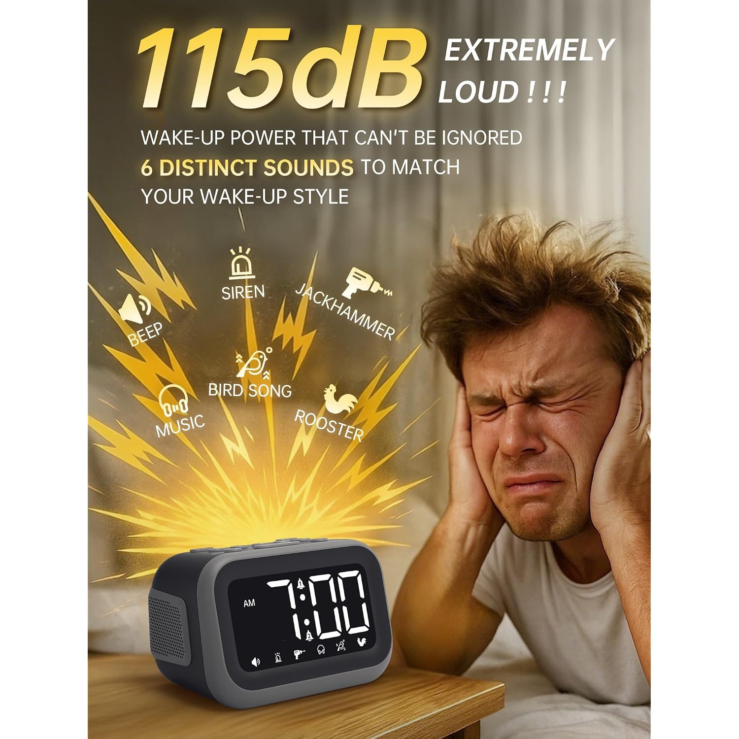 Super Loud Alarm Clock: 115Db Dual Alarms And 6 Alarm Sounds For Heavy Sleepers - Adult Shift Workers In Bedroom Or Daily Wake-Up Use - Gray