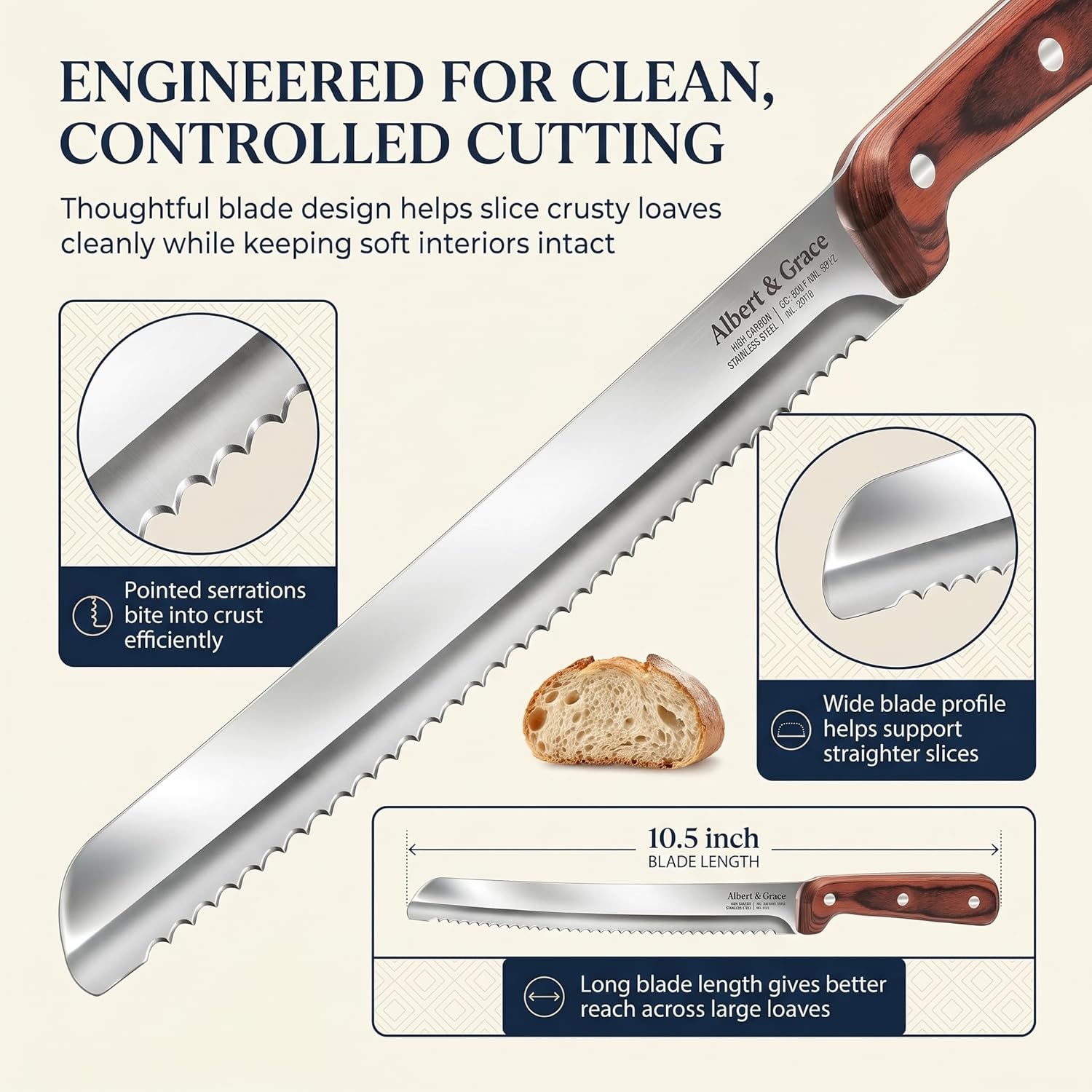 Albert&Grace 10.5-Inch Serrated Bread Knife with Full-Length Sheath – Ultra Sharp, Low-Crumb Slicing for Sourdough, Homemade Bread & Bagels