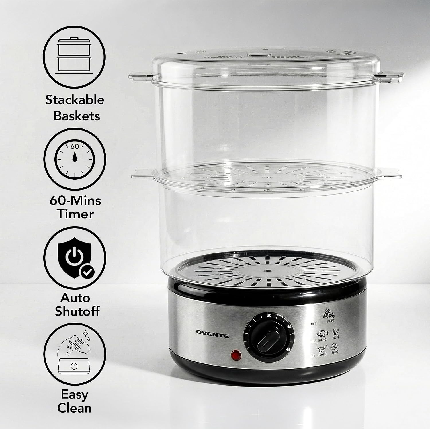 Ovente 2-Tier Electric Food Steamer, 5 Quart Stainless Steel Stackable Steam Cooker With 400W Power, 60-Minute Timer & Auto Shut-Off, Dishwasher Safe, Healthy Vegetable & Seafood Steamer, Silver Fs62S