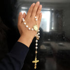 Elegangtmedical handmade White Real Pearl Rose Beads Catholic Rosary Gold Cross Necklace Supper Box