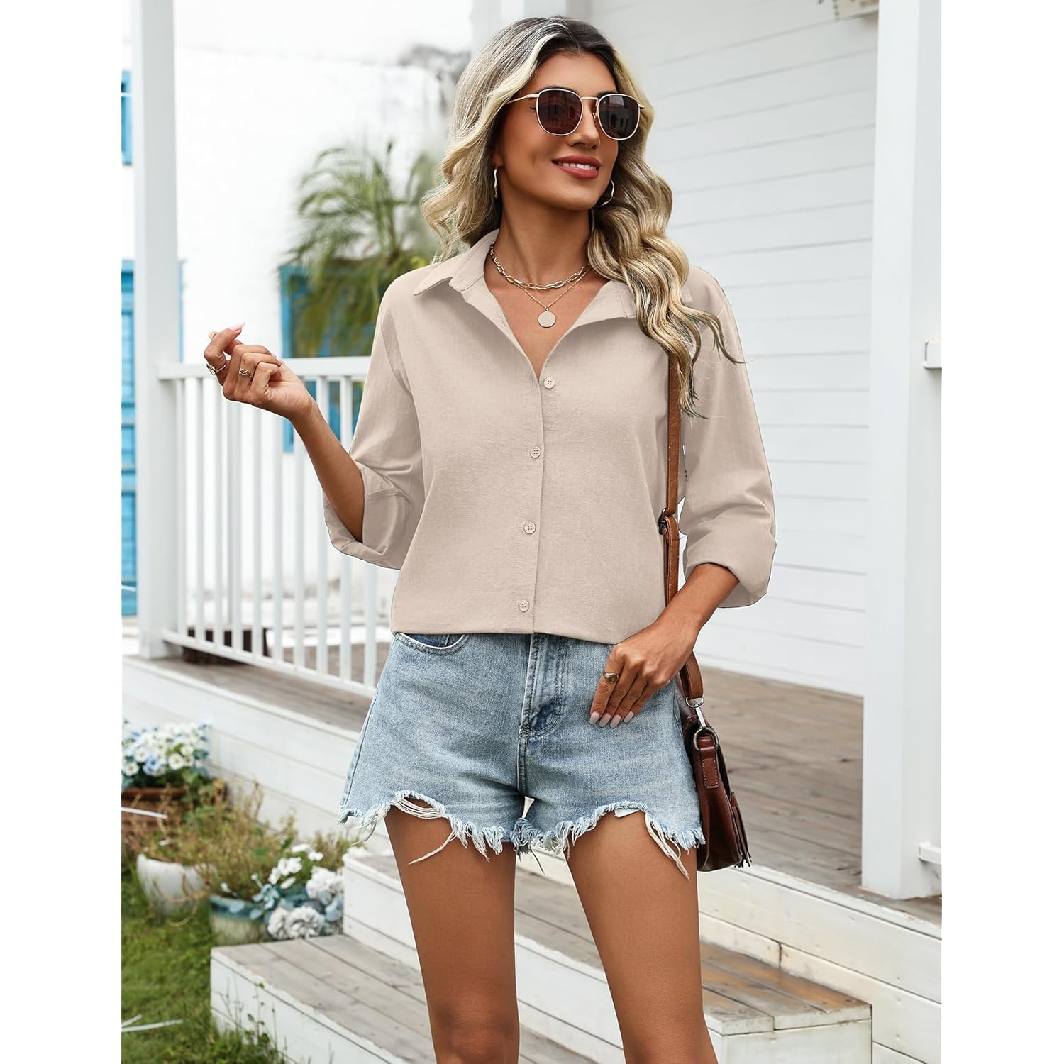 Womens Cotton Linen Button Down Shirts Loose Fit Long Sleeve Collared Blouse Casual V Neck Tops Outfits S-3XL