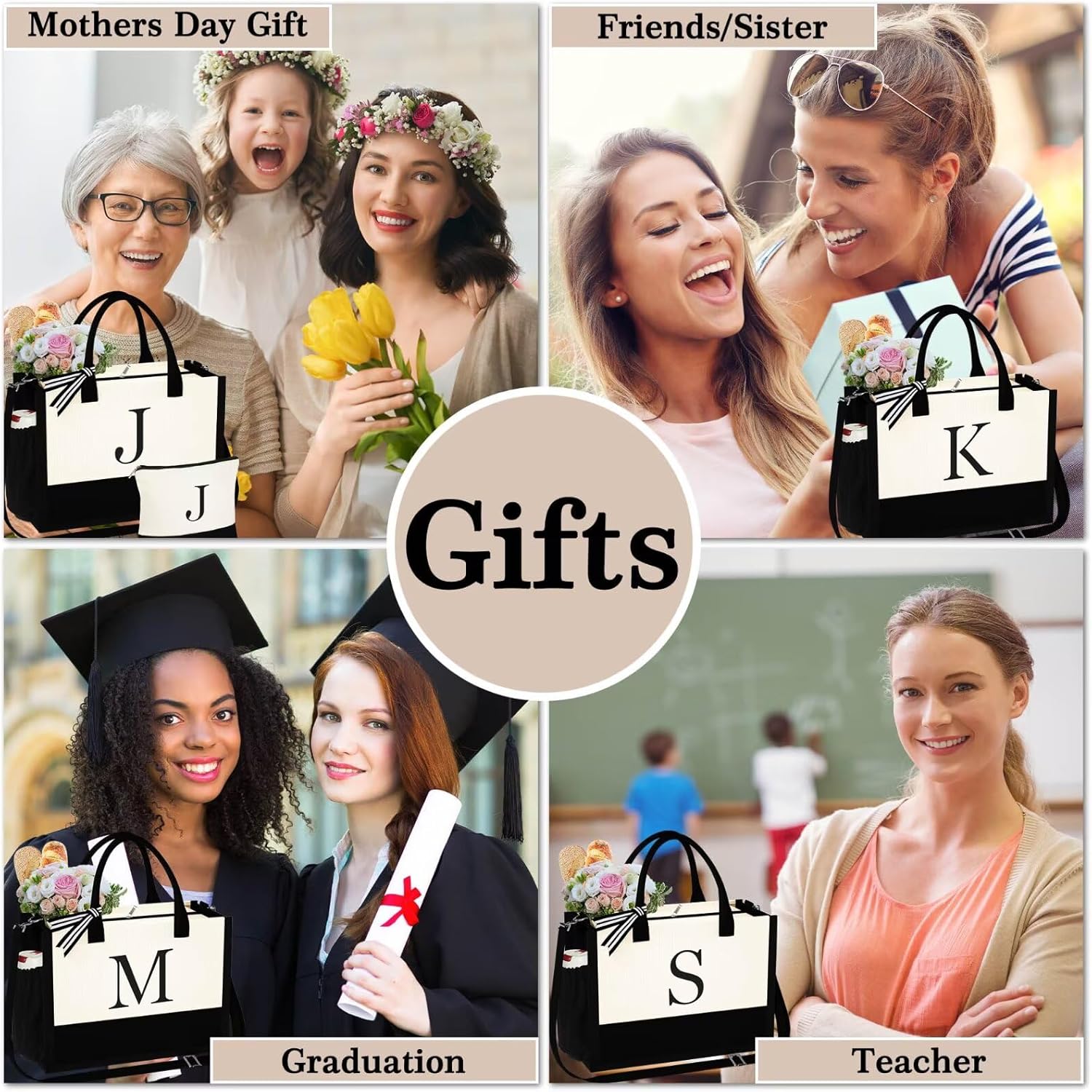 YOOLIFE Birthday Gifts for Women - Initial Canvas Tote Bag & Makeup Bag Monogrammed Beach Bag for Women Mom Sister Friends