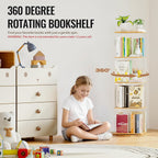 Rotating Bookshelf, 360 Degree Revolving Bookcase, 4-Tier Spinning Bookshelf, Clear Acrylic & Solid Wood Rotating Bookcase For Kid’S Playroom, Bedroom And Living Room, Square