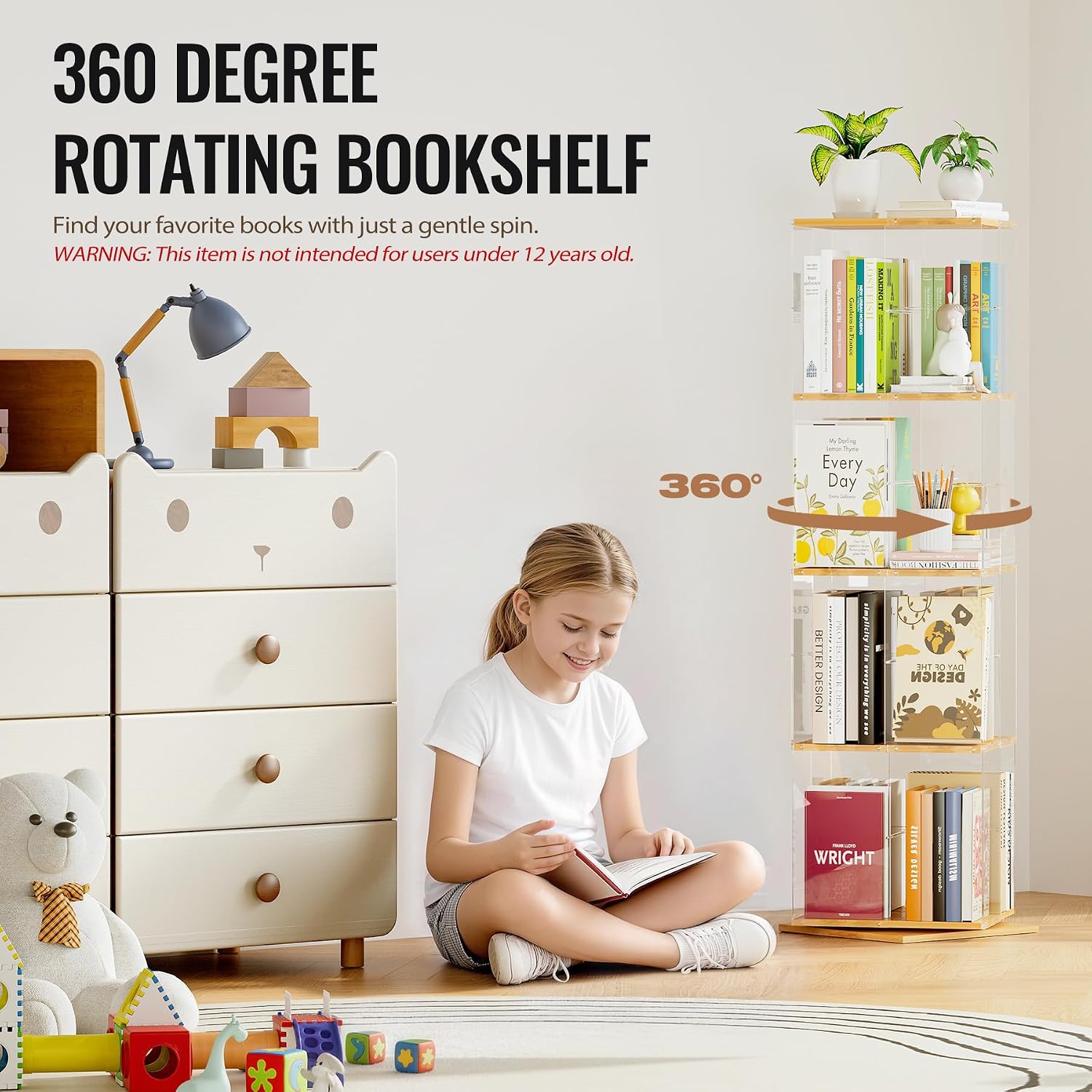 Rotating Bookshelf, 360 Degree Revolving Bookcase, 4-Tier Spinning Bookshelf, Clear Acrylic & Solid Wood Rotating Bookcase For Kid’S Playroom, Bedroom And Living Room, Square