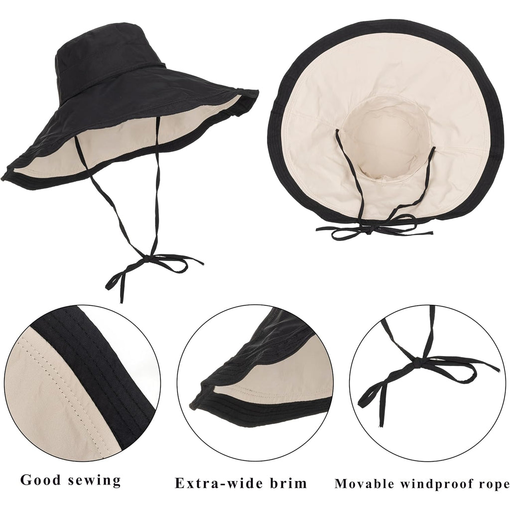 Women's Large Brim Reversible Sun Hats Packable Foldable UV Protection Bucket Hat Metal Wired Edge