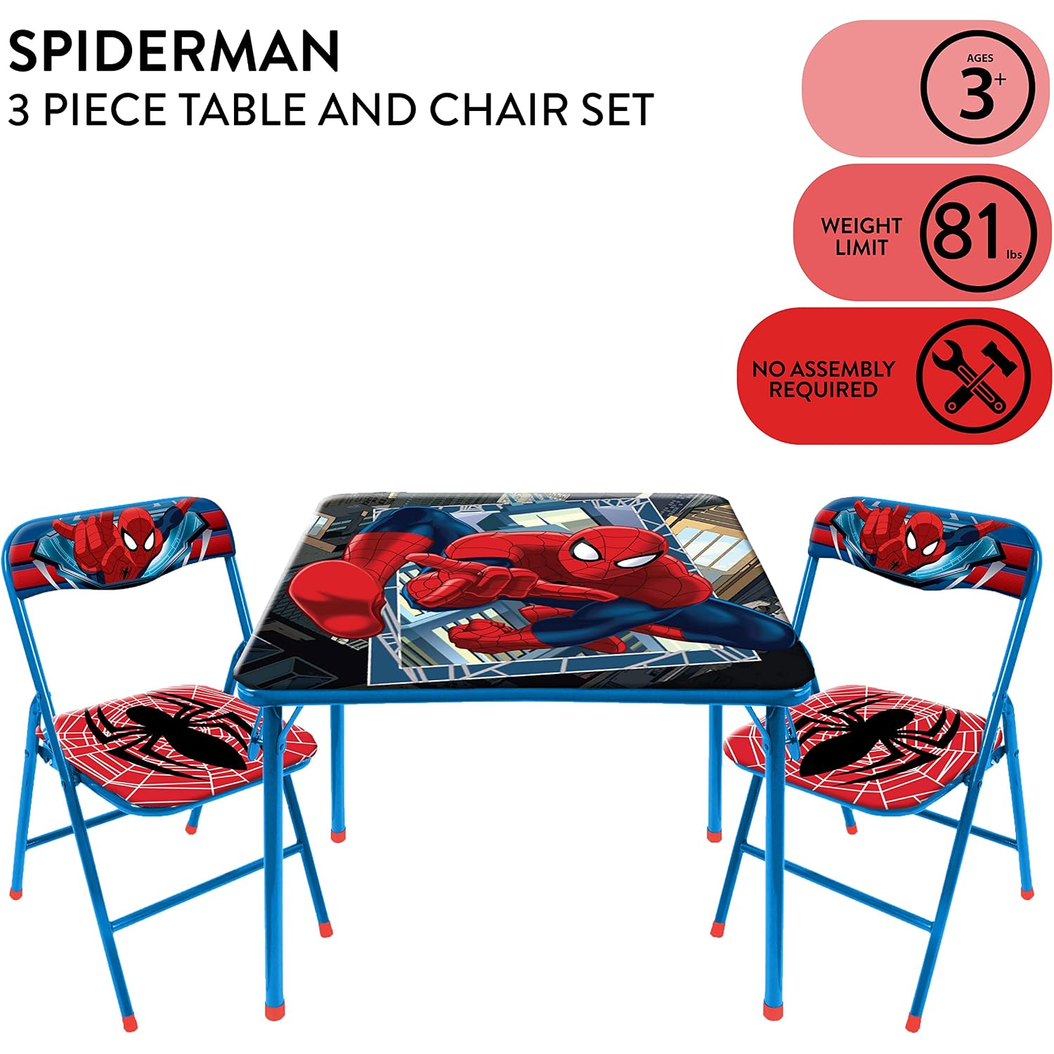 Idea Nuova Marvel Spiderman 3 Piece Children'S Activity Square Table And Chair Set, Ages 3+ (Nn201039)