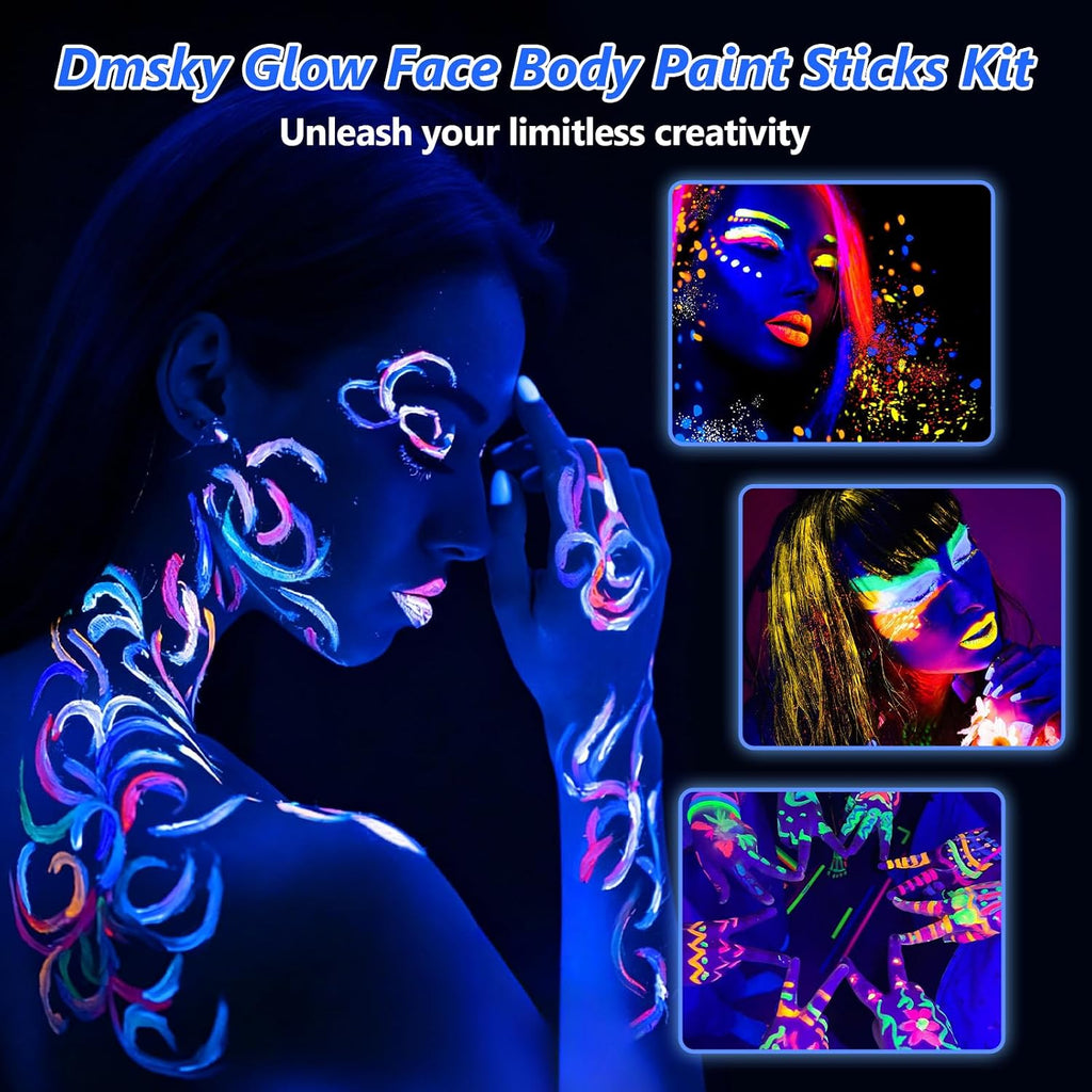 12 Pack Glow Face Body Paint,Neon Body Paint Sticks,Glow In The Dark Paint Under Uv Black Light,Makeup Face Painting Kit Professional Party Supplies For Halloween,Christmas,Birthday Party