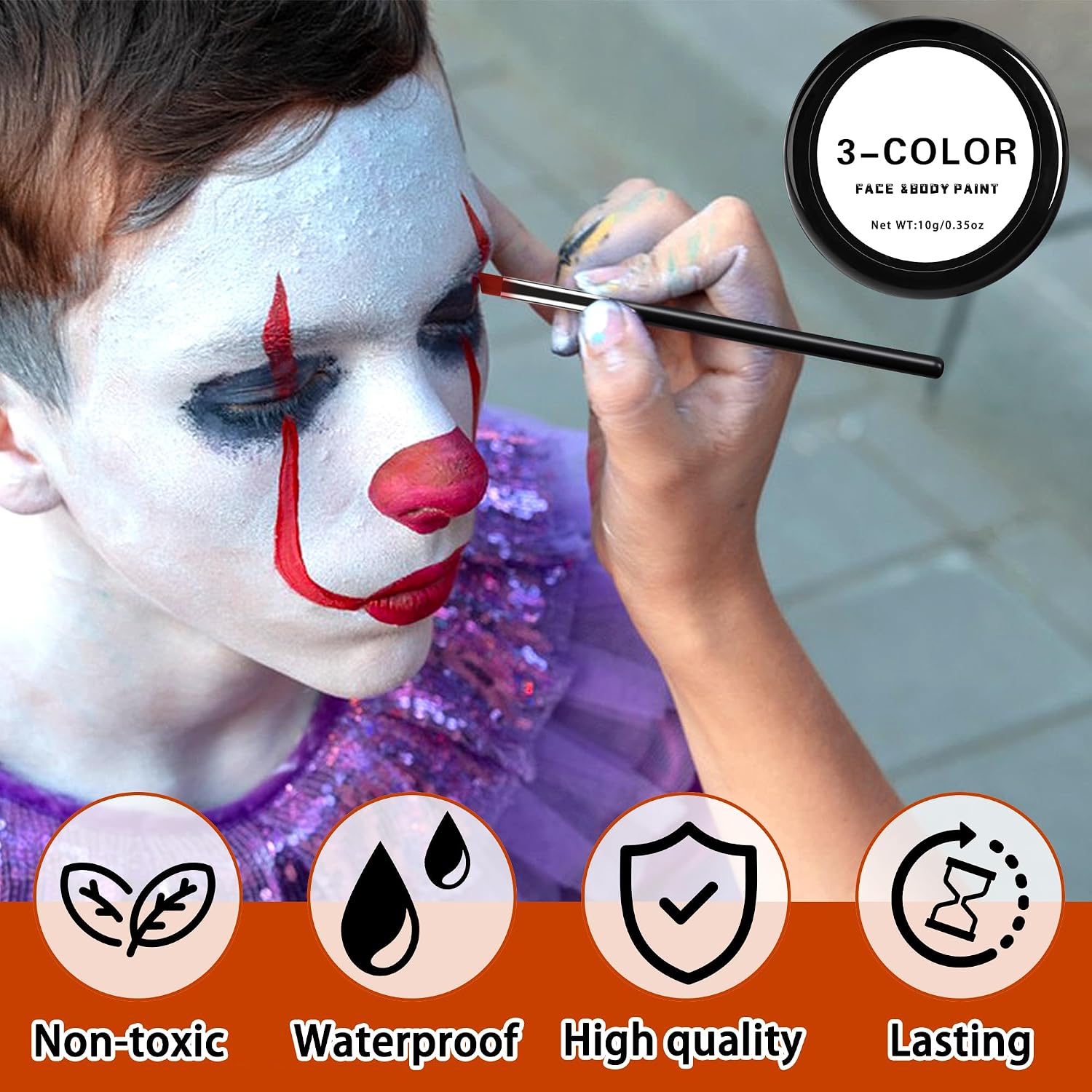 3 Set Black White Red Face Body Paint,3 Colors Clown Makeup Kit With Sponge And Brush,Joker Face Body Paint For Halloween Cosplay,Special Effect Makeup And Costume-Themed Party