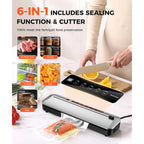 Vacuum Sealer Machine 75KPa Food with 6-in-1 Dry/Moist Modes & Digital Timer, Compact Lightweight Design, Built-in Cutter + 10 Bags (Black Silver)