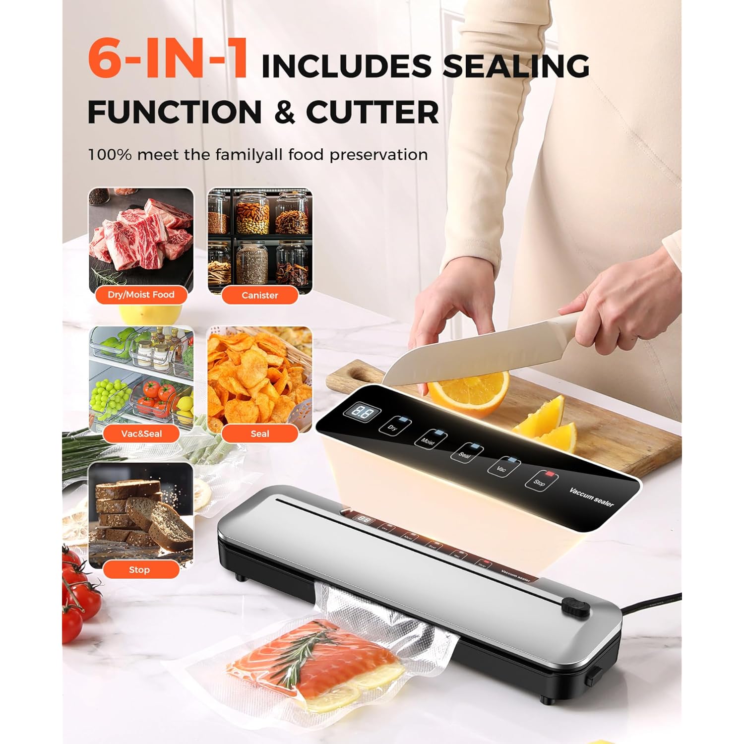 Vacuum Sealer Machine 75KPa Food with 6-in-1 Dry/Moist Modes & Digital Timer, Compact Lightweight Design, Built-in Cutter + 10 Bags (Black Silver)