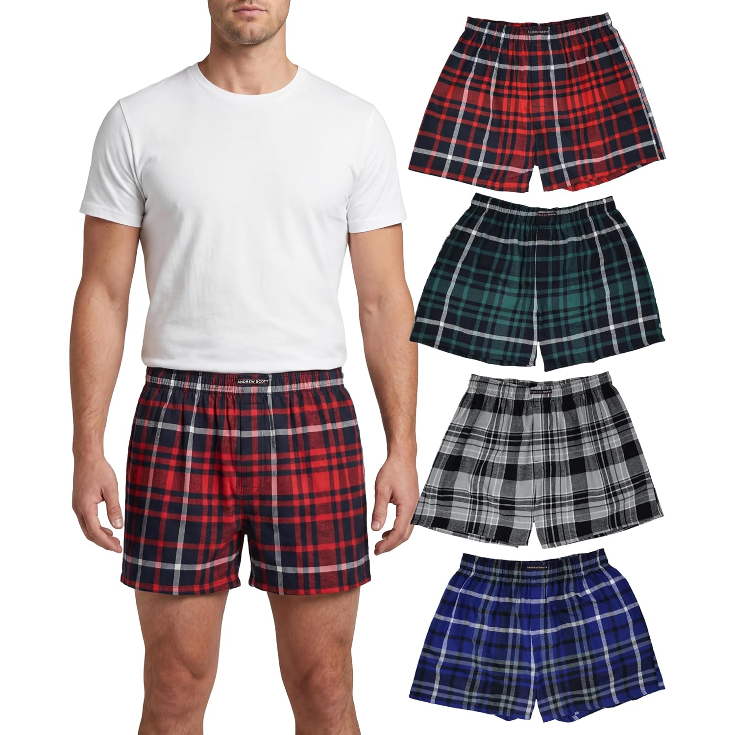 Andrew Scott Men'S 4 Pack Cotton Flannel Super Soft Woven Boxer Shorts