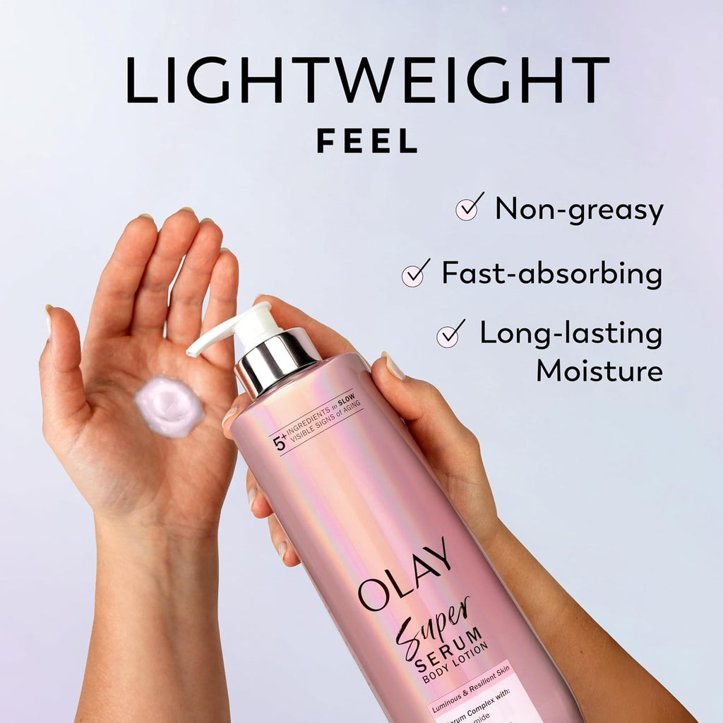 Olay Super Serum Hand & Body Lotion For Dry Skin, 24Hr Long Lasting Hydration, 5+ Ingredient Complex For Bright Even Firm Luminous Skin, Sweet Vanilla & Soft Wood Scent, 18.5 Fl Oz