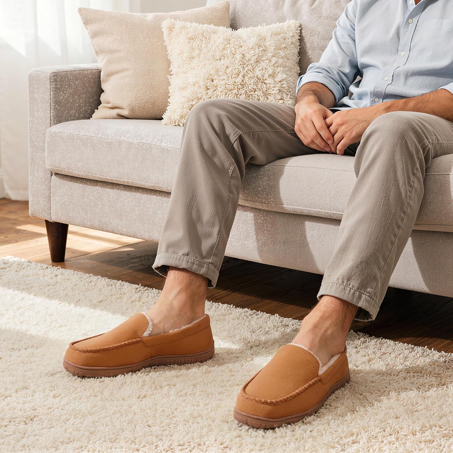 Men'S Slippers Indoor Outdoor Warm Soft Plush Memory Foam House Slippers For Men Comfortable Bedroom Moccasin Slipper Non-Slip