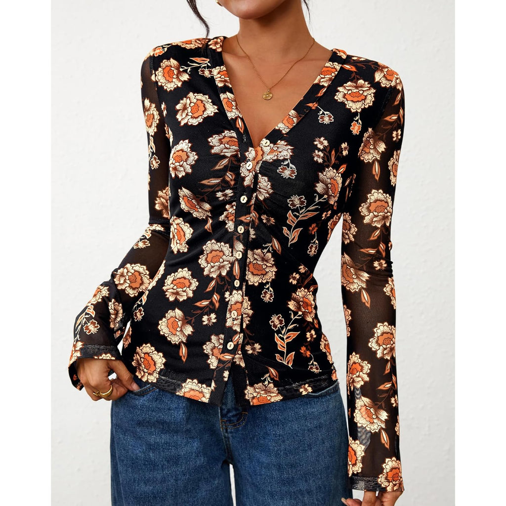 Button Down Shirts for Women 2026 Spring Boho Tops V Neck Long Sleeve Blouses Ruched Mesh Fitted Fashion Clothing