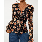 Button Down Shirts for Women 2026 Spring Boho Tops V Neck Long Sleeve Blouses Ruched Mesh Fitted Fashion Clothing