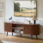 Choochoo Mid Century Modern Tv Stand For Tvs Up To 60 Inch, Entertainment Center With Fluted Sliding Doors And Hidden Storage, Tv Console With Adjustable Shelf For Living Room, Bedroom, Walnut