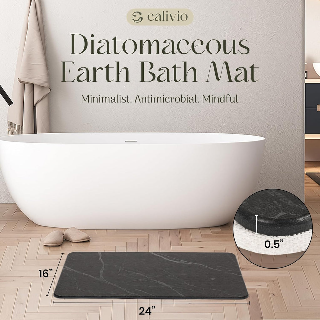 Quick Dry Shower Stone Bath Mat, Super Absorbent & Non-Slip 24 x 16 Inch Diatomaceous Earth Mat, Durable & Easy to Clean Diatomite Bath Mat for Bathroom Floor/Kitchen (Charcoal)