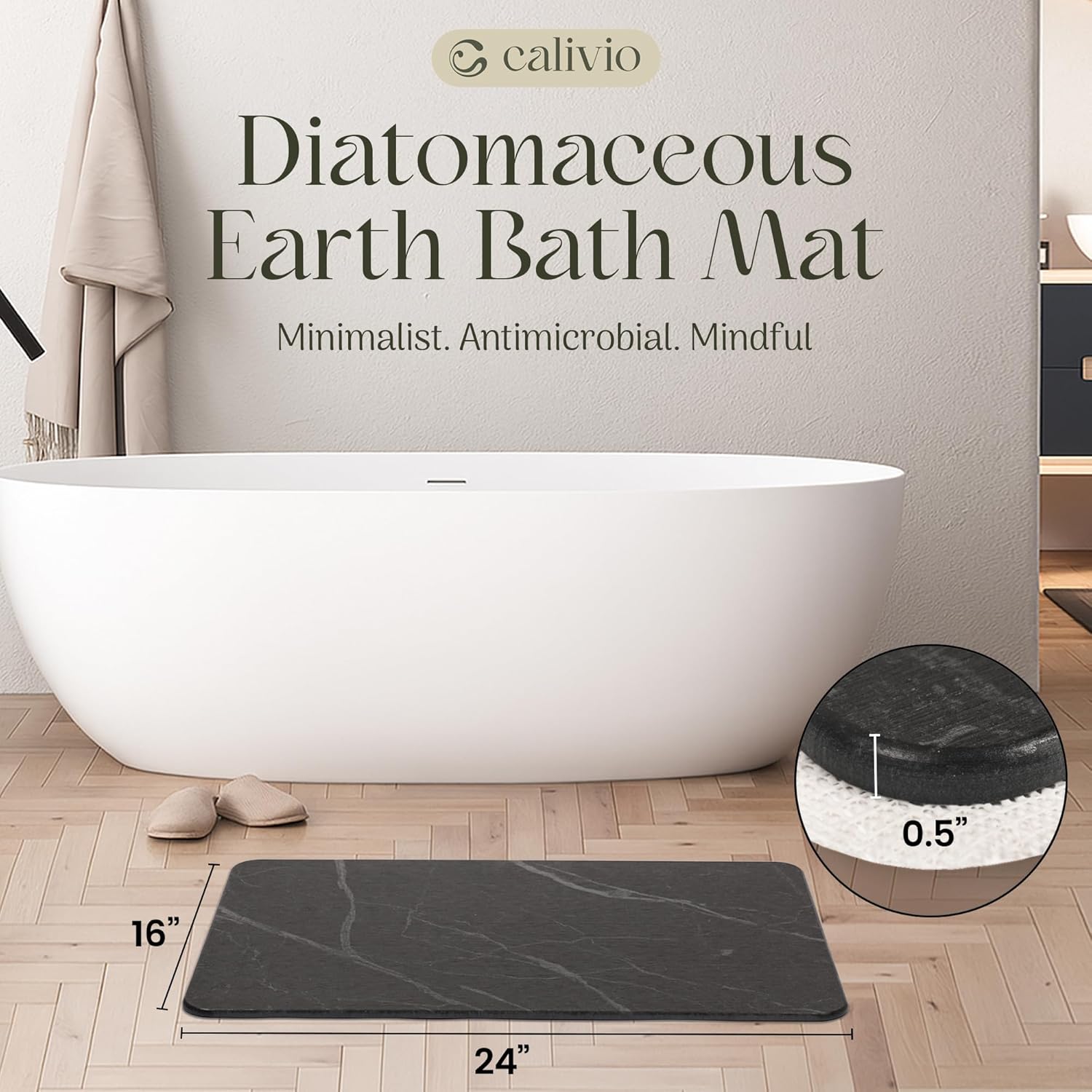 Quick Dry Shower Stone Bath Mat, Super Absorbent & Non-Slip 24 x 16 Inch Diatomaceous Earth Mat, Durable & Easy to Clean Diatomite Bath Mat for Bathroom Floor/Kitchen (Charcoal)