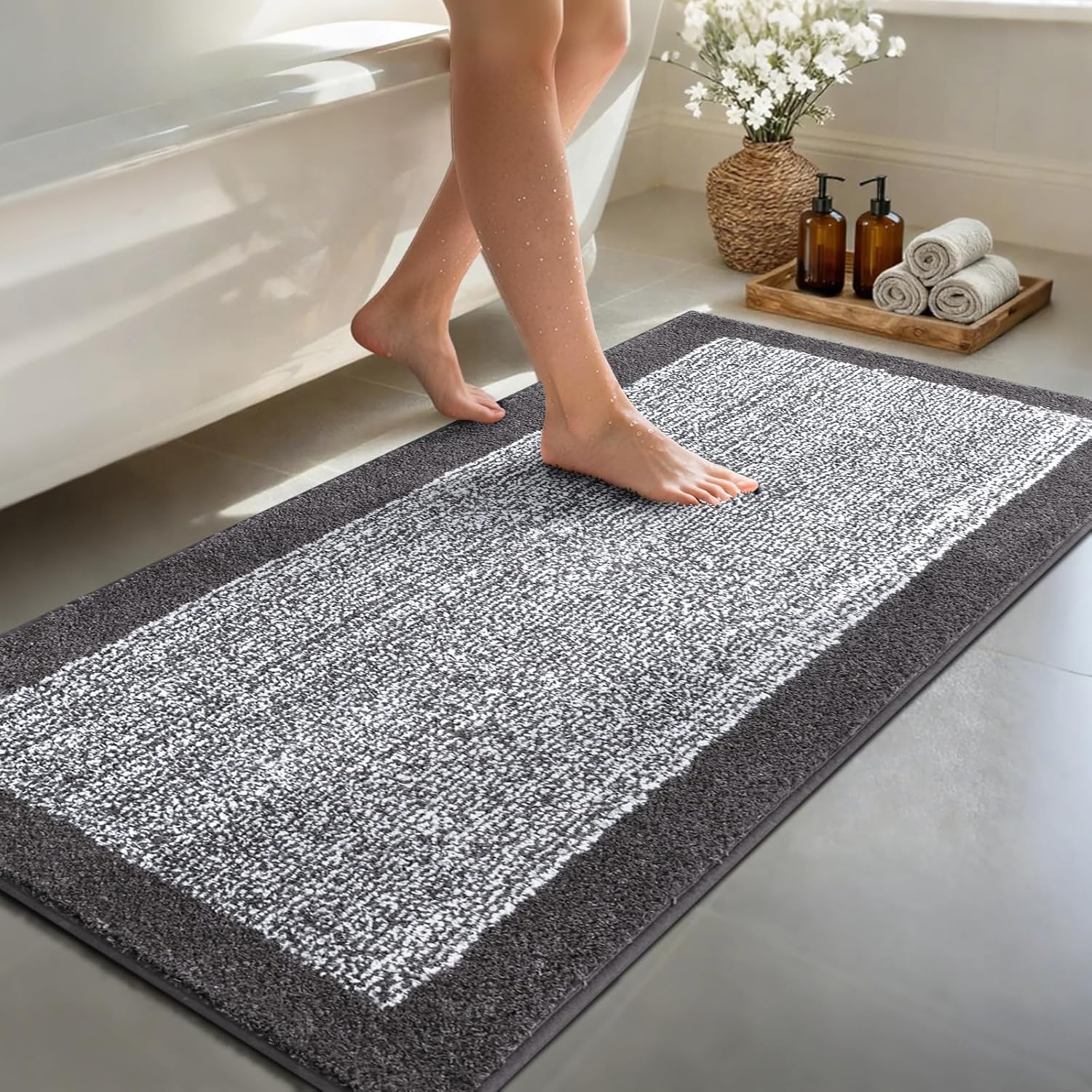 Long 2X4 Ft (48''X24'') Runner Rug For Bathroom,Non Slip Washable Large Kitchen Rugs Bath Rugs, Soft Absorbent Quick Dry Bath Mats For Shower, Hallway,Laundry, Tub(Grey)