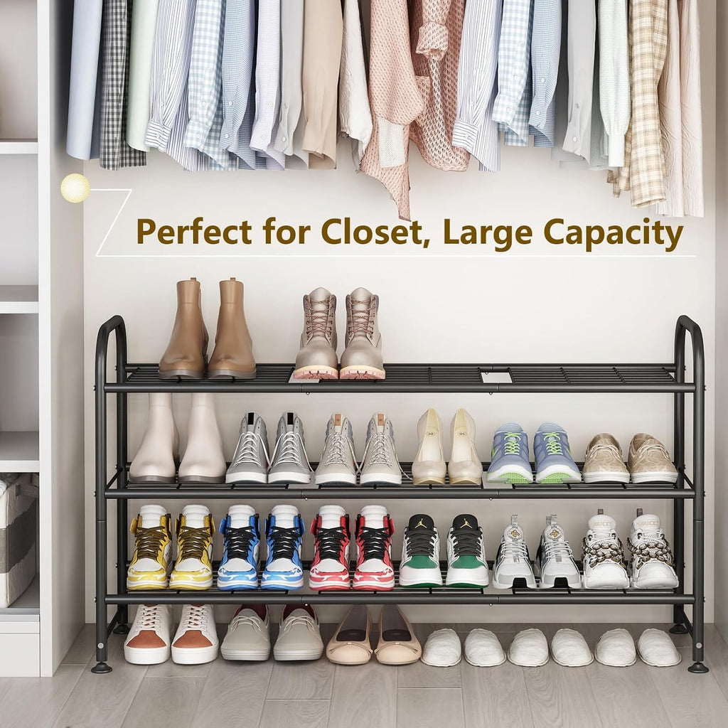 Linzinar Shoe Rack Long 3 Tier Metal Shoe Organizer Metal Wide Shoe Shelf For Closet Entryway Bedroom Large Capacity Black