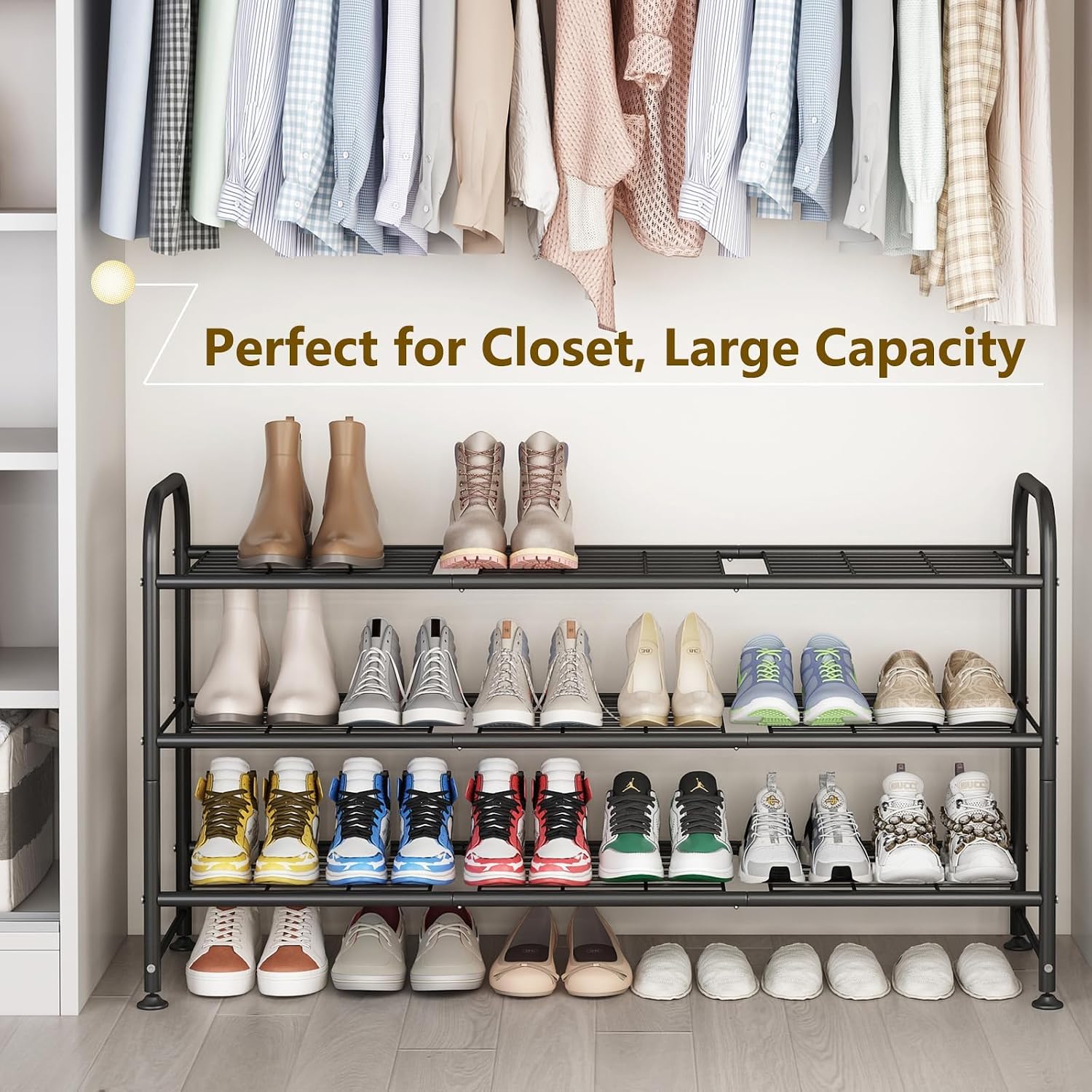 Linzinar Shoe Rack Long 3 Tier Metal Shoe Organizer Metal Wide Shoe Shelf For Closet Entryway Bedroom Large Capacity Black