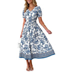 Ofeefan Maxi Dresses For Women V Neck Ladies Midi Long Dress A Line Smocked Waisted Casual Summer Spring Clothes Boho Beach