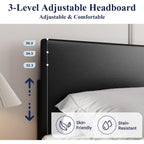 Allewie Queen Size Faux Leather Bed Frame, Adjustable Headboard, Black