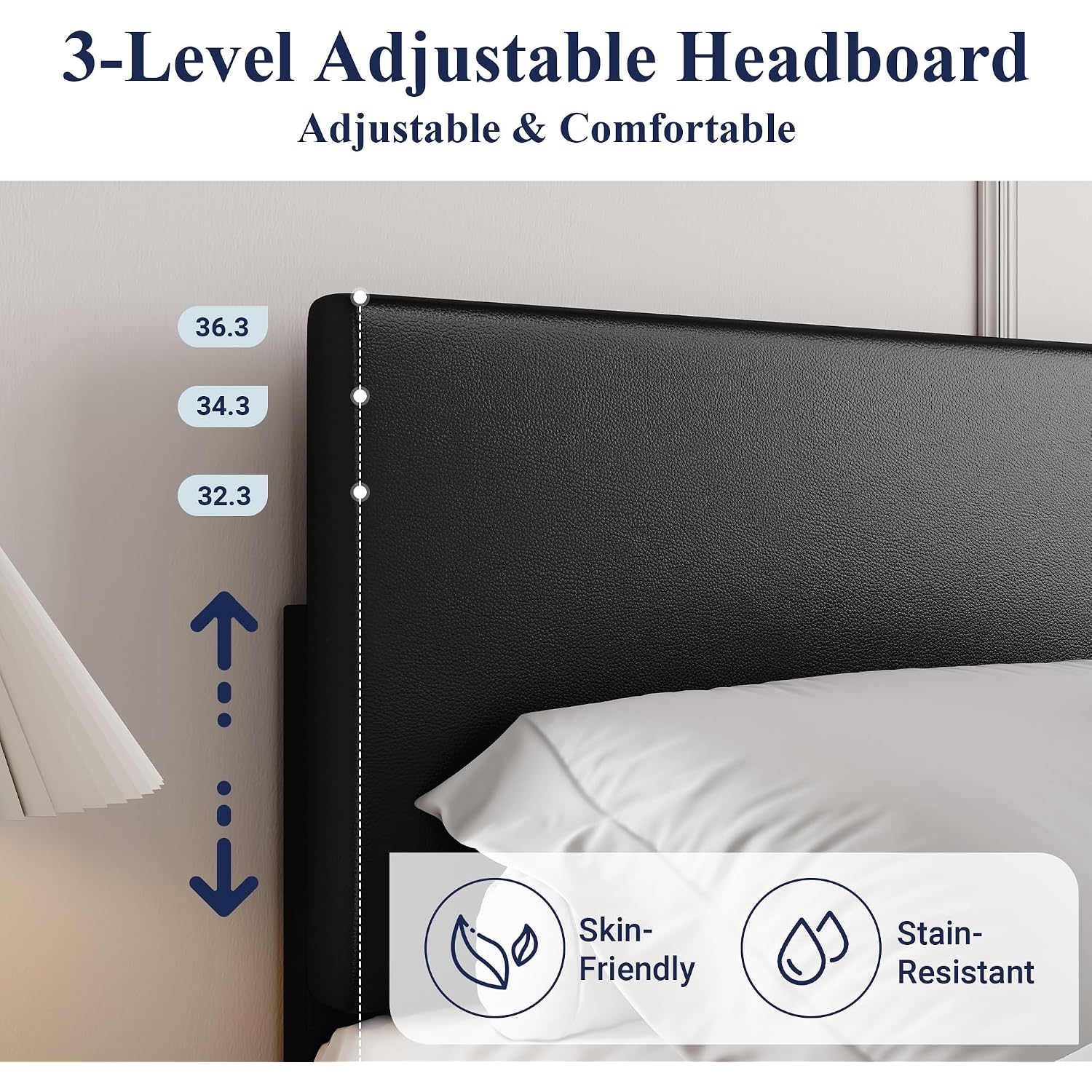 Allewie Queen Size Faux Leather Bed Frame, Adjustable Headboard, Black