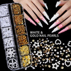 Teenitor 4 Boxes Nail Charms and Gems Set, Nail Rhinestones Nail Kit with Nail Art Brushes Nail Stand, Nail Gems Nail Design Tools with 15pcs Nail Stickers, Gold Nail Pearls for Women Nail Decorations