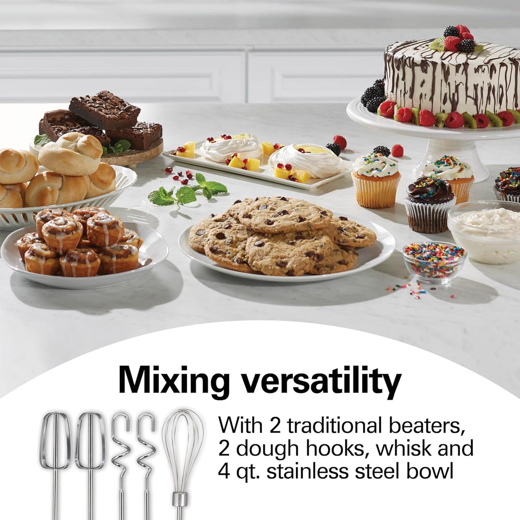Hamilton Beach Classic Stand And Hand Mixer, 4 Quarts, 6 Speeds With Quickburst, Bowl Rest, 290 Watts Peak Power, Black And Stainless | 2-In-1 Versatility | Quickburst For Added Power | 290 Watts Peak Power | Built-In Bowl Rest | Black And Stainless Steel