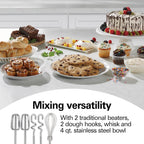 Hamilton Beach Classic Stand And Hand Mixer, 4 Quarts, 6 Speeds With Quickburst, Bowl Rest, 290 Watts Peak Power, Black And Stainless | 2-In-1 Versatility | Quickburst For Added Power | 290 Watts Peak Power | Built-In Bowl Rest | Black And Stainless Steel
