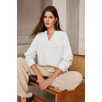 Womens Casual Button V Neck Long Sleeve Shirts Oversized Solid Blouses Tops