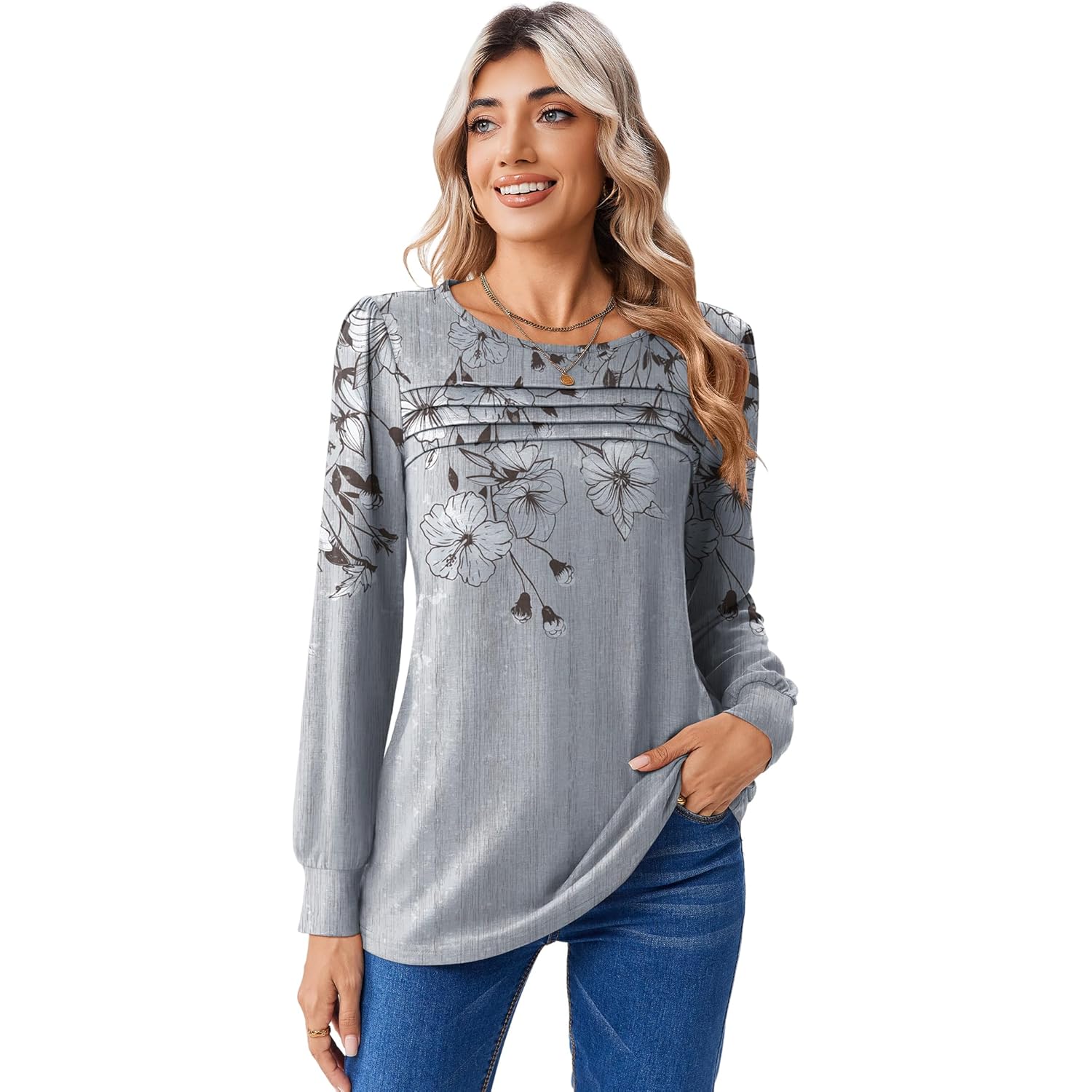 Long Sleeve Shirts for Women Casual Fall Fashion Crewneck Pleated Tunic Tops Work Outfit Blouse
