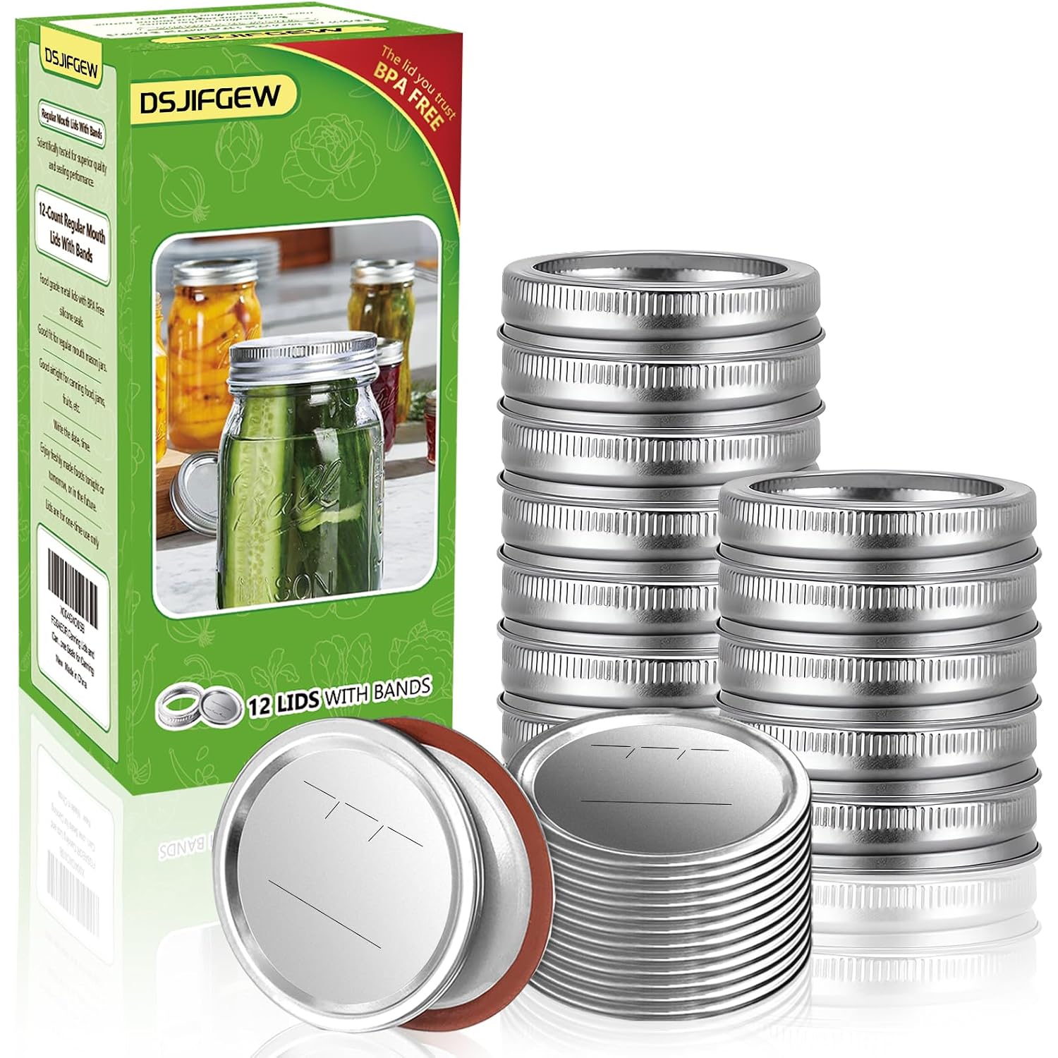 Canning Lids And Rings Regular Mouth, 24Pcs Split Type Metal Mason Jar Lids With Bands For Regular Mouth Ball, Kerr Jars - Food Grade With Silicone Airtight Seal Small Canning Lids (70Mm)