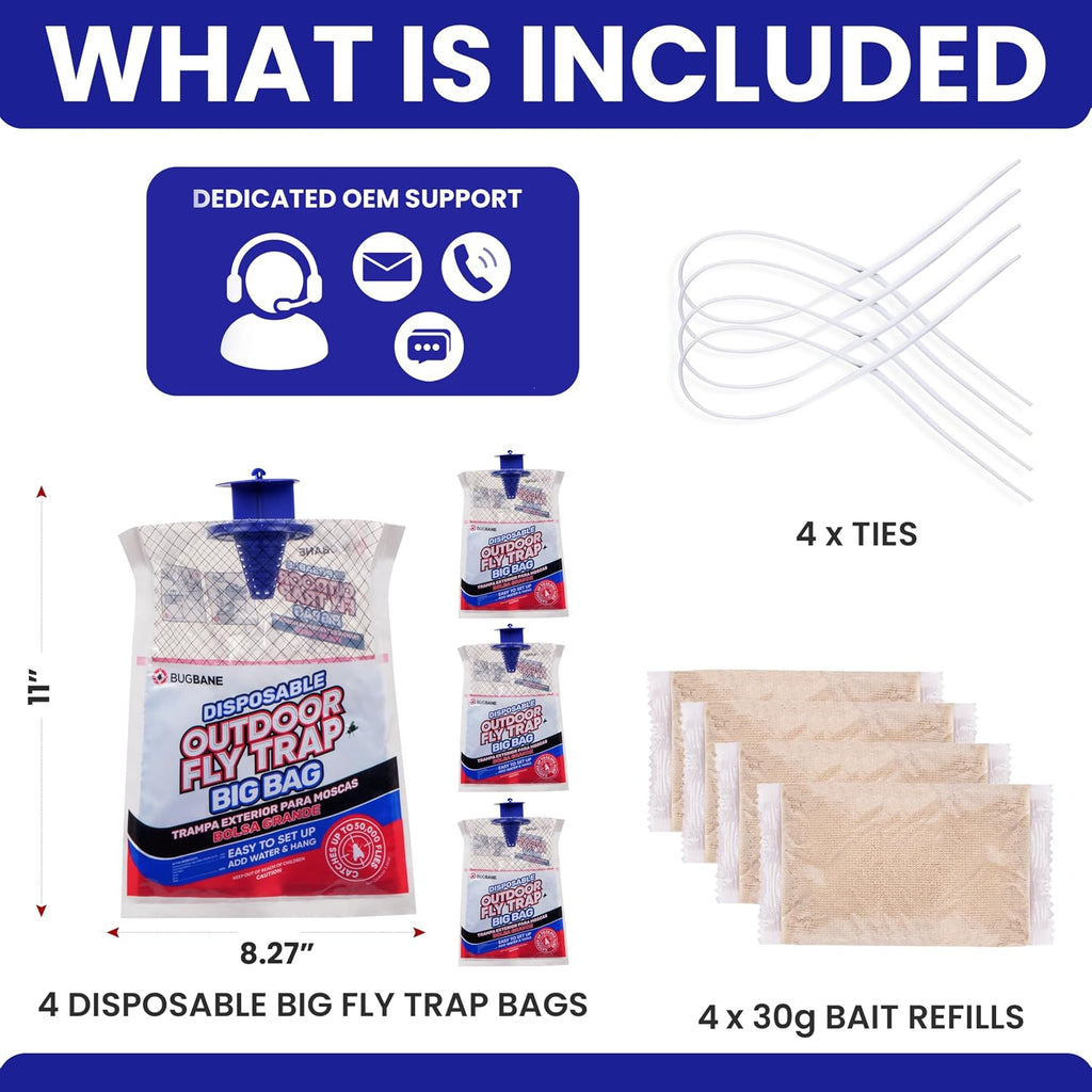 Fly Traps Outdoor Fly Trap For Patio. 4 Large Non-Toxic Pre-Baited Flies Bags Outdoor Disposable. Big Hanging Bug Catchers For All Filth Flies Killer For Outside Bug Control In Yard Horse Ranch.