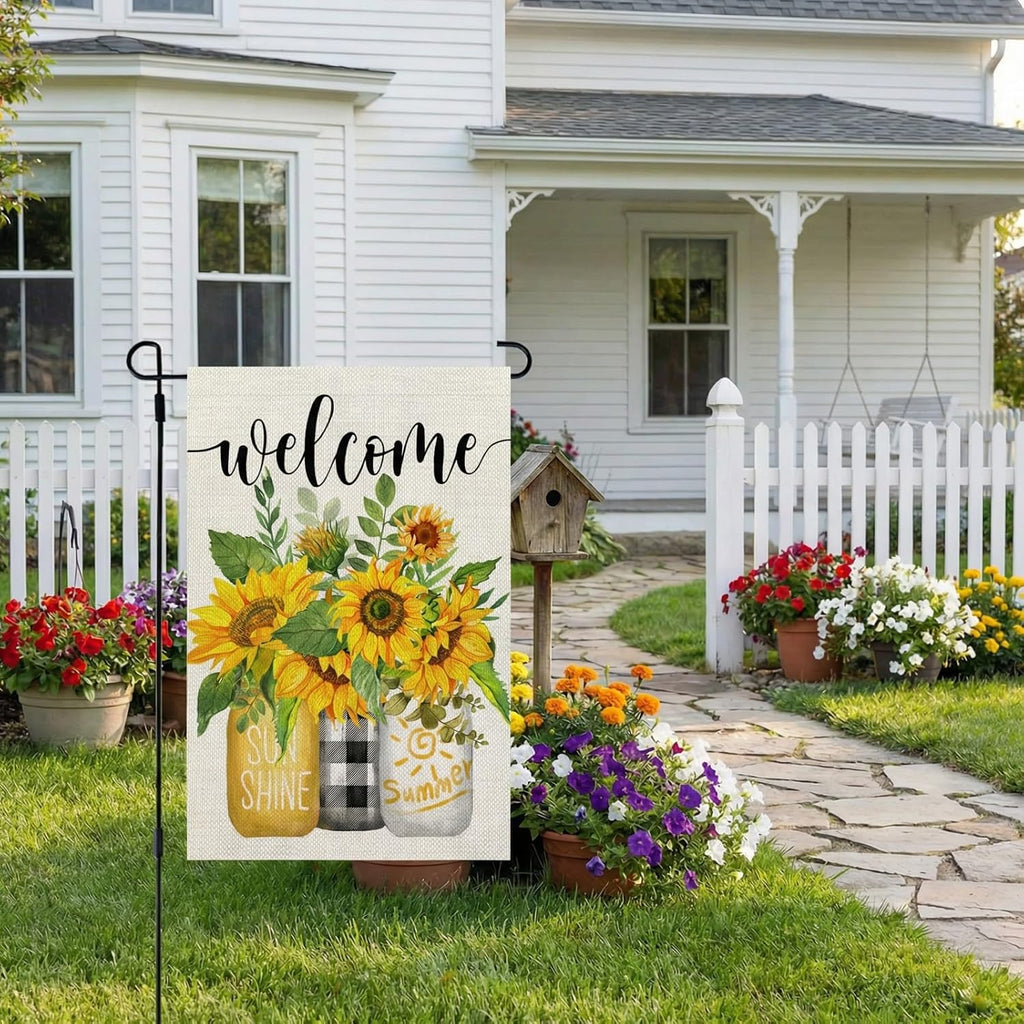Summer Sunflower Garden Flag Mason Jar Double Sided 12X18 Inches Small Burlap Seasonal Welcome Yard Porch Decoration For Outside