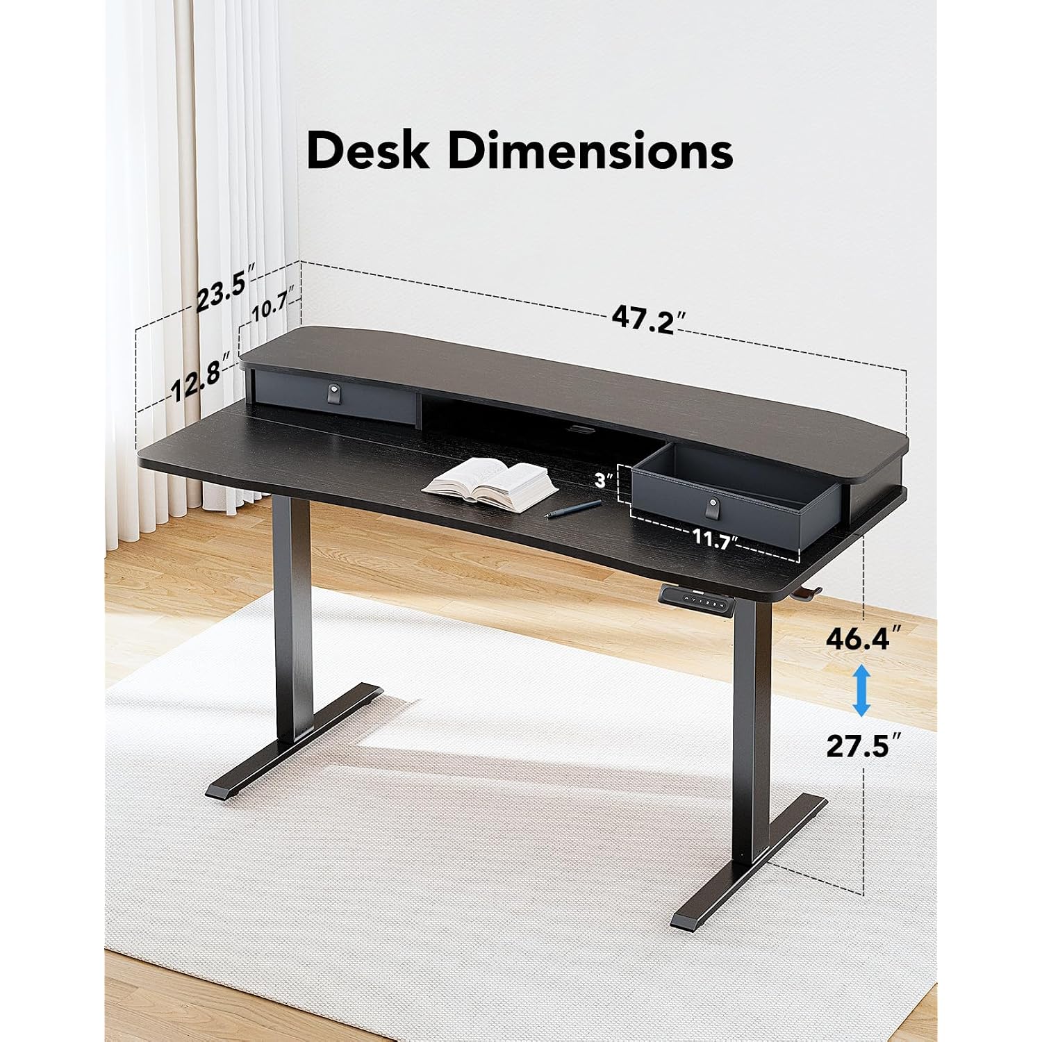 Huanuo 48″ X 24″ Electric Standing Desk With 2 Drawers, C-Clamp Mount Compatible, Height Adjustable Computer Desk, Home Office Stand Up Desk With 4 Preset Heights & 2 Hooks, Black