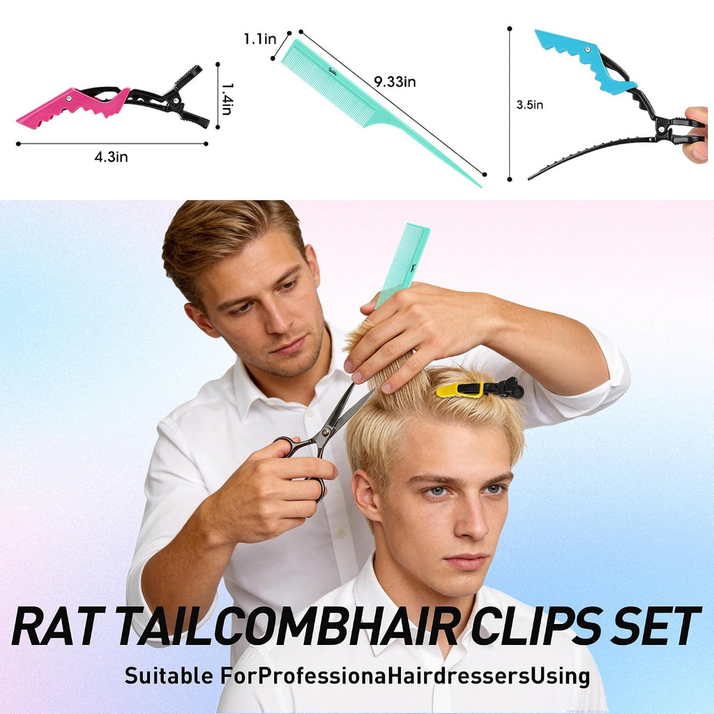 10Pcs Rat Tail Comb Hair Clips Set:3 Anti-Static, Heat-Resistant Carbon Fiber Parting Comb And 7 Sectioning Hair Clips Suitable For Precision Sectioning, Coloring, Braiding, And Daily Styling