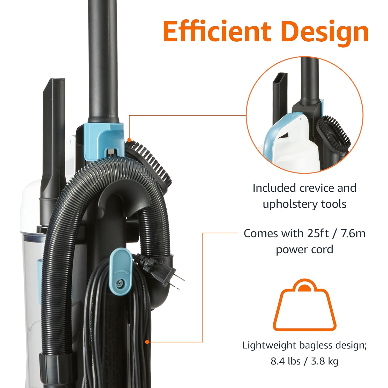 Amazon Basics Upright Bagless Vacuum Cleaner For Carpet And Hard Floors, Washable Filter, Crevice And Upholstery Tools, Detachable Handle, Lightweight, 1.7L Dust Cup, 25Ft Cord, Black/White